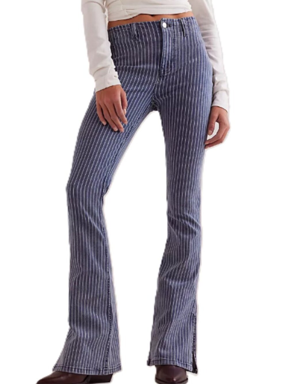 We The Free Level Up Stripe Slim Flare Jeans in Faded Railroad Blue Size 25 NWT